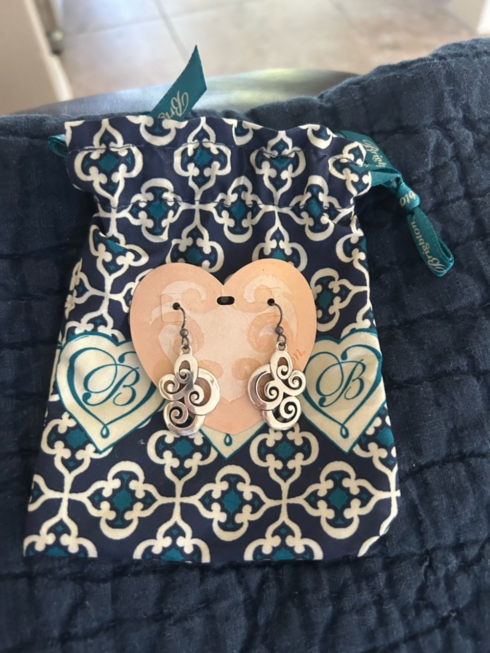Brighton Silver Swirl Drop Earrings with Navy and Teal Pouch
